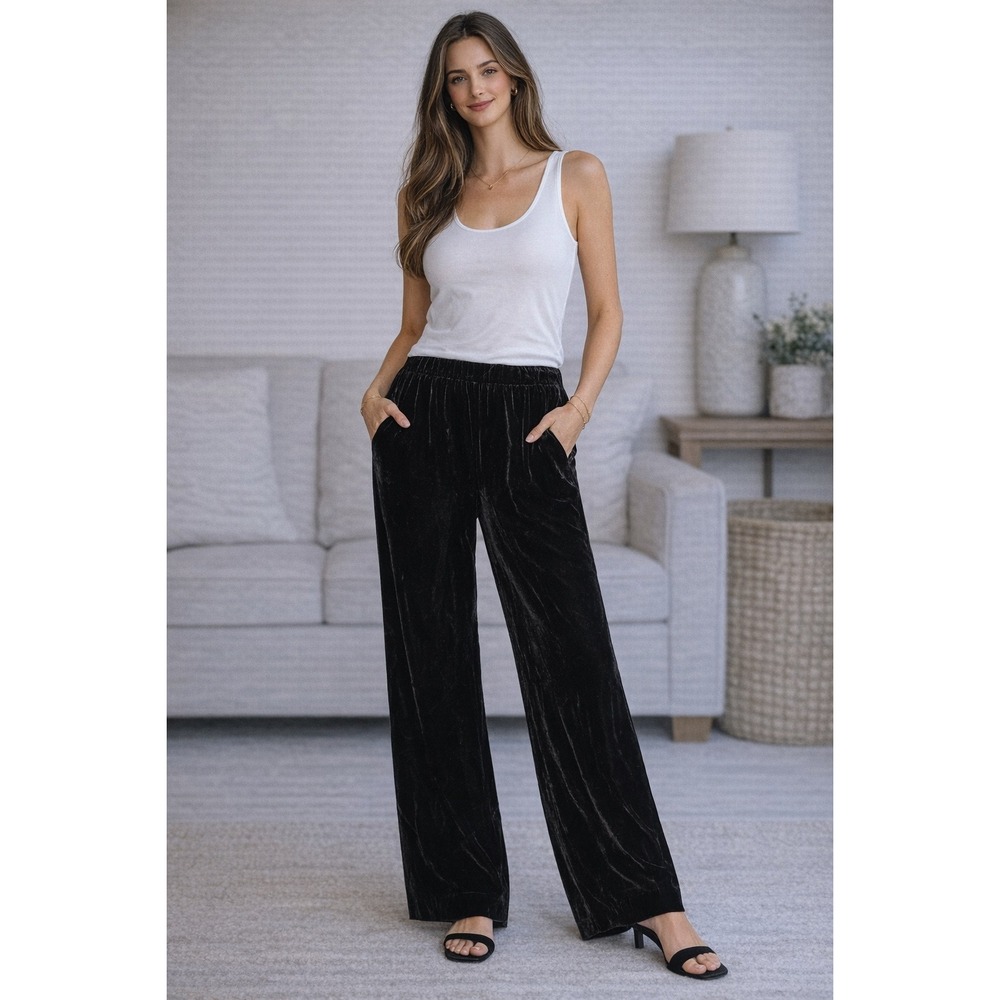 Theory Velvet Wide Leg Pants Womens‎ Petite Black Pull On Elastic Waist Soft